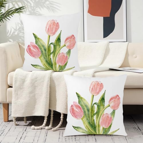 Spring Floral Pillow Covers 16x16 Set of 2 Pink Tulip Throw Pillow Covers Summer Flower Farmhouse Decorative Throw Pillows for Home Couch Sofa Bed Decor