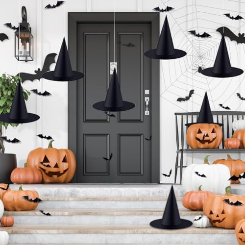 6PCS Halloween Witch Hats 98 FT Nylon Cord 24 Bats for Porch Yard Deco