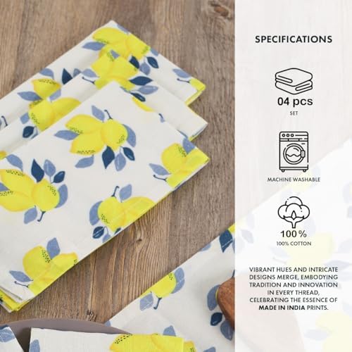 TARAN LIVING Printed Cotton Cloth Napkins Fall Dinner Napkin Set Reusable Machine Washable Fabric for Gifting, House Party Events, Home Decor, Craft - 18"x18" - Set of 4 - Lemon Print