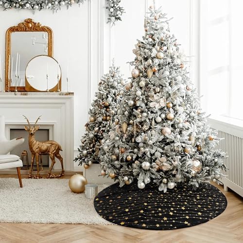 Christmas Tree Skirt Velvet Black 30 inch Large Soft Christmas Tree Mat with Gold Star Pattern for Indoor Outdoor Xmas Holiday Party Decoration