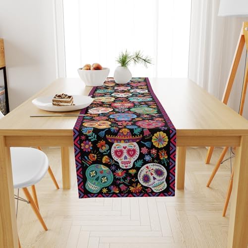 OHOME Dia De Los Muertos Decorations - Sugar Skulls Table Runner | Day of The Dead Catrinas Ofrenda Table Decorations Supplies Backdrop for Mexican Altar De Muertos Indoor Outdoor