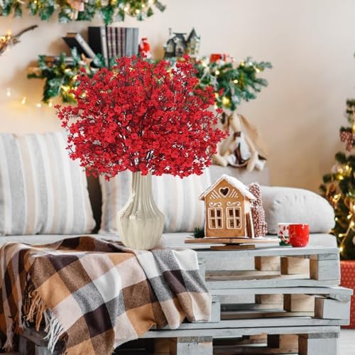 10 Pcs Fake Flowers, Real Touch Babys Breath Artificial Flowers, Red