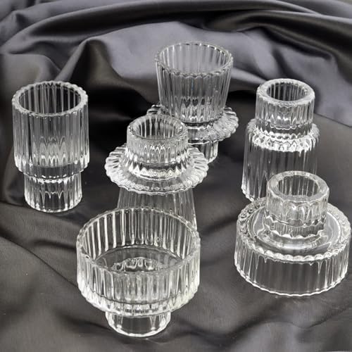 Ribbed Glass Candlestick Holders 6PCS Clear Candle Stick Holders for Tealight Taper Candles Dining Table Centerpieces Holiday Decoration