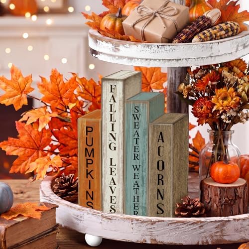 Lineshading 4 Pcs Fall Table Decoration Wooden Book Autumn Pumpkin Sign
