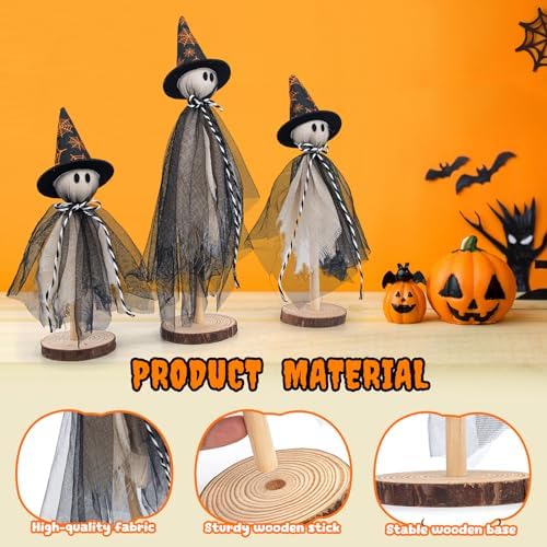 Halloween Decorations Ghost Shelf Sitters – Set of 3 Wooden Halloween decor with Witch Hats – Fabric Ghost Figures with Spiderweb Design – Table Decor for Tiered Tray, Mantel, Party Supplies(Black)