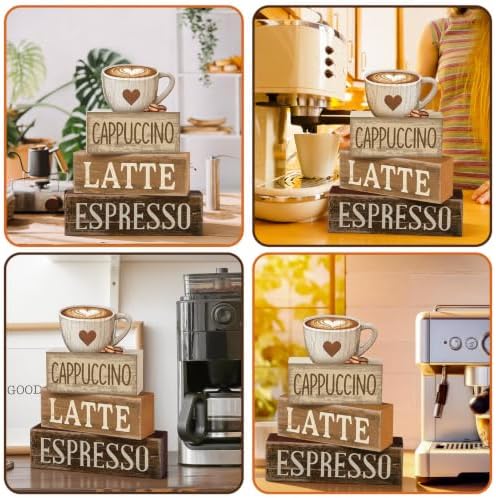 Lineshading 4 Pcs Farmhouse Coffee Bar Signs, Wooden Coffee Stacked Blocks