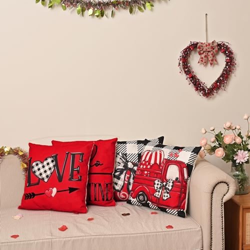 Valentines Day Decorations-Throw Pillow Covers 18x18 in set of 4,Valentine Linen Pillow Case with Red Buffalo Plaid Heart Love Truck for Large Couch Sofa Home Inside Outside Holiday Party Decor