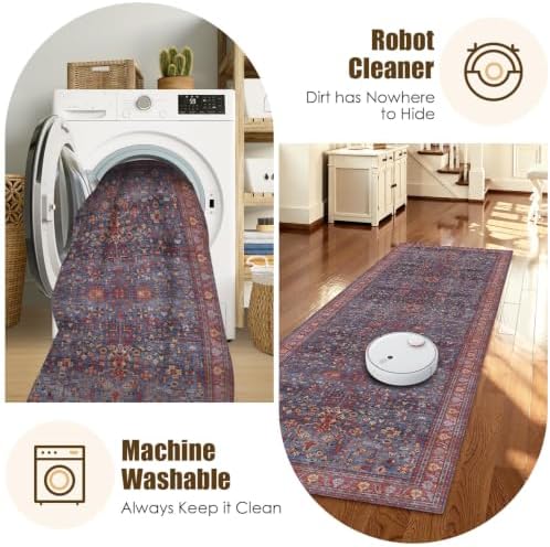 Washable Area Rug 2'6'' x 8' Vintage Traditional Persian Mat - Foldable Distressed Non-Slip Machine Washable Carpet for