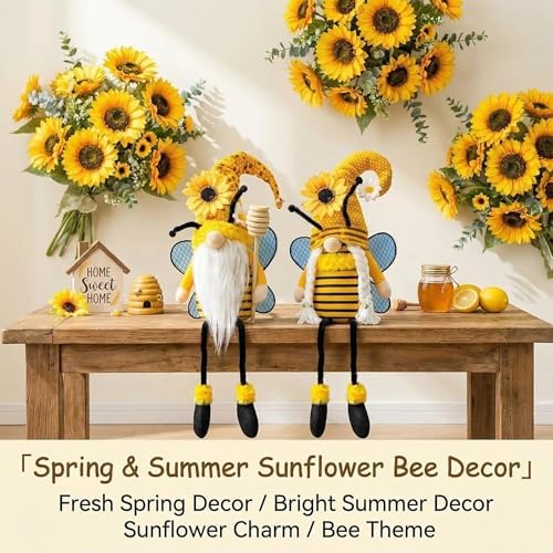 Lovinland Spring Decorations for Home, Office, Indoor - Yellow Honey Bumble Bee Sunflower Plush Gnomes Doll - Summer Gnome Gifts for Women - Bee Stuffed Sitters for Shelf Decor (Spring-Bee)