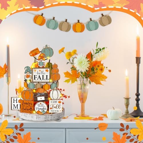 Fairysandy 21 Pcs Fall Tiered Tray Decor, Thanksgiving Table Sign, Pumpkin
