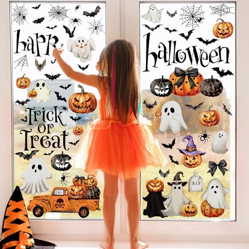 9 Sheets Halloween Decorations Window Clings, Scary Pumpkin Ghost Bats Spiders Stickers Decals, Double Sided Printed Halloween Decals Decor for Home Office Door Glasses Party Favors Supplies