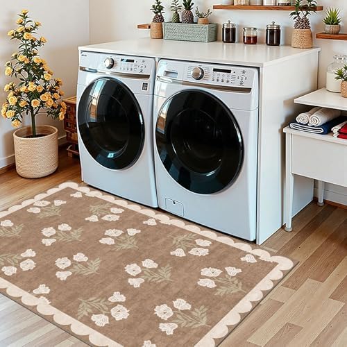 3x5 Floral Entry Rug - Small Washable Indoor Outdoor Mats for Front Door Non-Slip Porch Rug Tan Boho Neutral Farmhouse