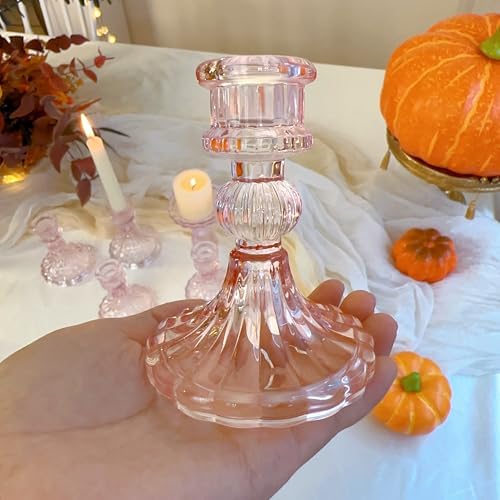 Pink Glass Candlestick Holders, Taper Candle Holders, Set of 6