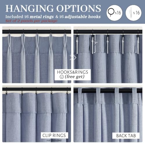 Extra Long 108 Inch Dusty Blue Pleated Linen Light Filtering Sheer Curtains