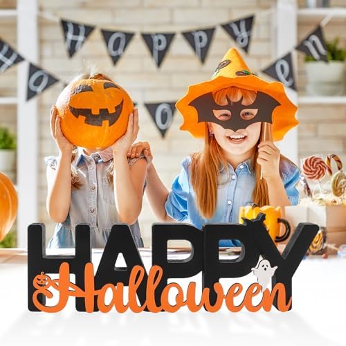 COCHIE Wooden Happy Halloween Sign, Ghost Decorations for Home, Office, Shelf, Mantel, Indoor, Wood J-o-lantern Pumpkin Decor, Black Orange Spooky Table Top Party Decoration (Happy Halloween)