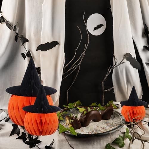 Cinnvoice 3 Pcs Halloween Fall Pumpkin Honeycomb Decor, Smaller, Wicth Hat