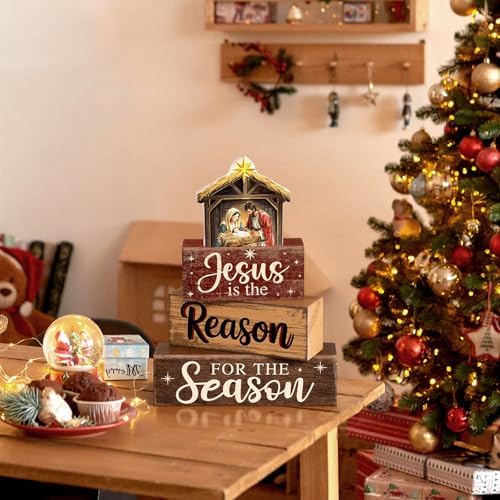 Moucuny 4 Pcs Christmas Table Decor Christian Nativity Scene Wooden Blocks