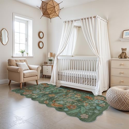 Hallway 3x6 Washable Runner Rug - Indoor Floral Scalloped Kitchen Entryway Low Pile Carpet Soft Non Slip Floor Mat for