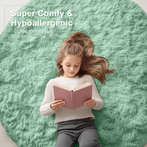 OLANLY Mint Green Round Rugs for Bedroom - Machine Washable, 2 ft Circle Area Rugs for Living Room, Soft and Fluffy