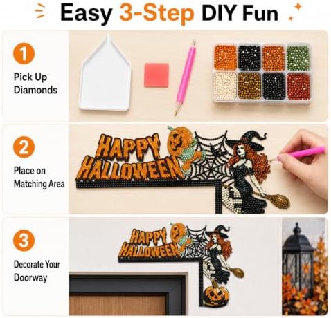 DIY Halloween Witch Pumpkin Diamond Art Wooden Door Corner Decoration, Halloween Frame Sign Kit, Creative Wall Art Mosaic Frame Sign for Home Decor & Gifts
