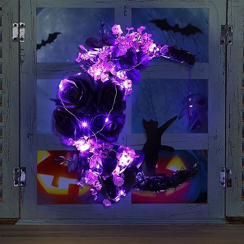 Black Rose Halloween Wreath with Lights, Crescent Moon Cat Wreath