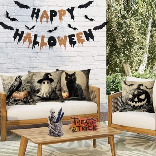 YeeJu Set of 4 Halloween Pillow Covers 24x24 Inch Cute Ghost Pumpkin Decor Throw Pillow Covers Black Plaid Happy Halloween Cushion Covers Linen Pillow Cases for Home Outdoor Sofa Couch (24 by 24)