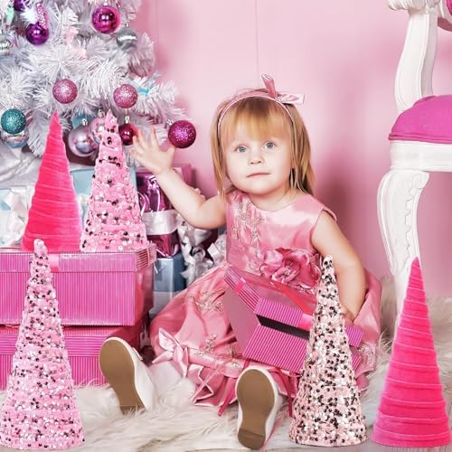 6 Pcs 12" 10" 6" Christmas Cone Tree Decorations Velvet Pink Christmas Glitter Table Decor Flocked Farmhouse Tiered Tray Ornament Xmas Tree for Home Holiday Entryway Tabletop Centerpiece Decor