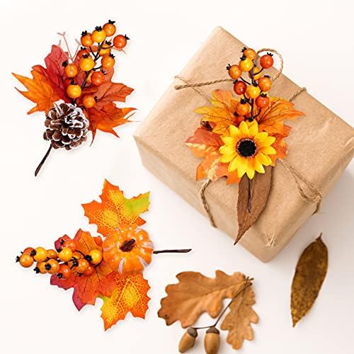 6 Pack Artificial Maple Leaves Branches Autumn Pumpkin Berry Twig Stem Orange Fall Stems Fake Artificial Flower Picks for Thanksgiving Christmas Harvest Festival Decoration DIY Floral Arrangements