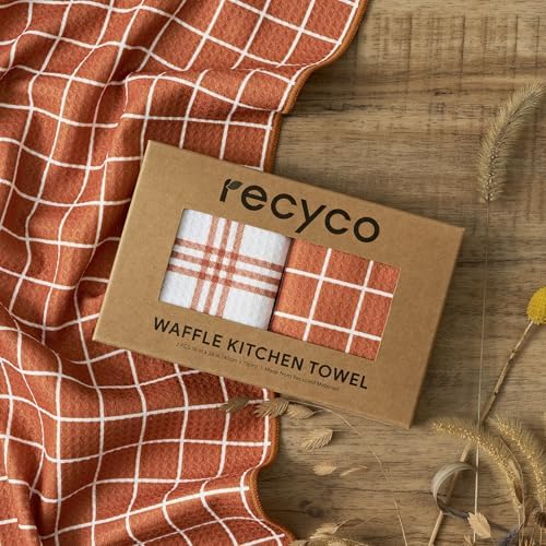 RECYCO Waffle Kitchen Towel Set of 2 - Quick Dry Microfiber Sustainable Dish Towels - Ultra Absorbent Reusable Cleaning Tea Towels - Lightweight Hand Towels,16”x 28”, Farmhouse Plaid