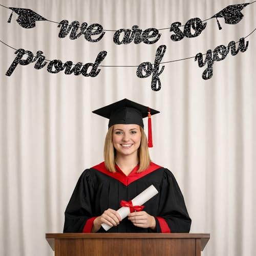 Graduation Decorations 2026 2027 | Pre-Strung Class of 2026 Graduation Banner, Black Glitter We are So Proud of You Grad Banner for Graduations Party Decorations Favors Supplies School Home Car Decorations