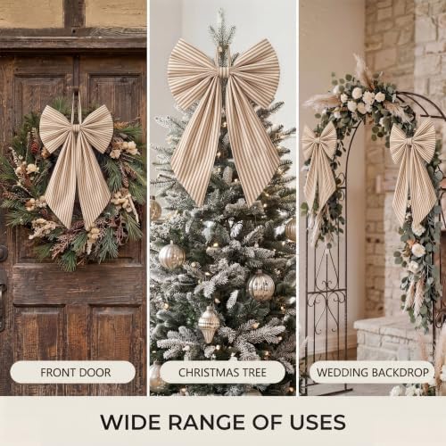 Suncalla 2 Pcs Khaki Christmas Neutral Stripe Wreath Bows 18'' x 12''