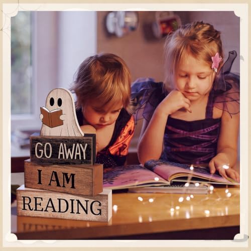 Moucuny 4 Pcs Halloween Table Decor Wooden Ghost Reading Stacked Block Sign