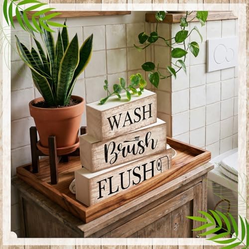 Moucuny 3 Pcs Bathroom Decor Wooden Block Signs Farmhouse Rustic