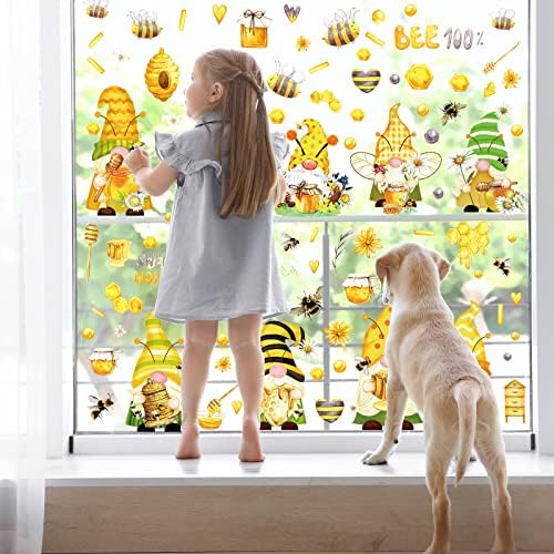 Whaline 9 Sheets Bee Gnome Window Clings Summer Floral Honeycomb PVC Window Stickers for Summer Home Room Classroom Decor Party Supplies