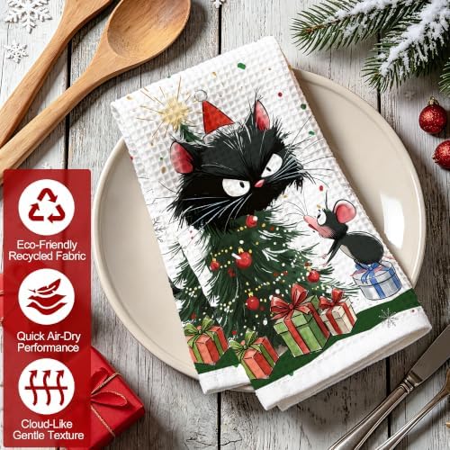 Christmas Kitchen Towels Set of 2 Holiday Decor Cat Hand Towels 16x26 Inch