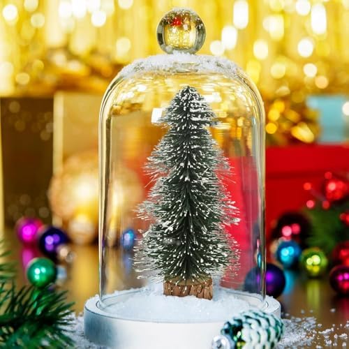 3 Pack Mini Christmas Trees with Snow & Wood Base - 4 Inch Bottle Brush Desktop Decor for Xmas, Holiday, Office, Shelf, or Tabletop - Festive Miniature Holiday Decorations Gift Set