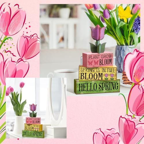 Moucuny 4 Pcs Spring Wood Block Signs Tiered Tray Decor Farmhouse Table