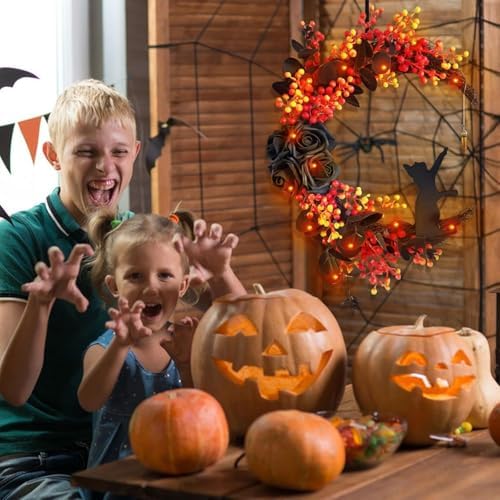 Orange Halloween Wreath with Lights, Crescent Moon Cat Door Wreath