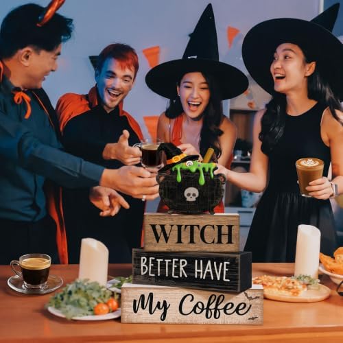 Lineshading 4 Pcs Halloween Coffee Table Decor Witch Cauldron Wooden Signs