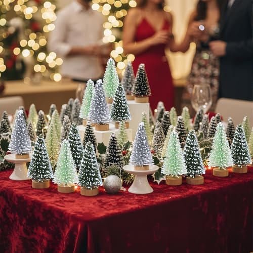Sumind 48 Pcs 1.78 Inch Mini Bottle Brush Christmas Trees Green Silver
