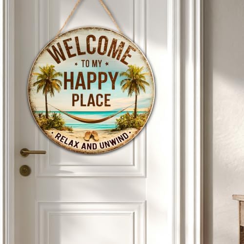 Welcome To My Happy Place Wooden Hanging Sign for House Front Door, Lake Beach House Welcome Sign for Porch Garden Patio