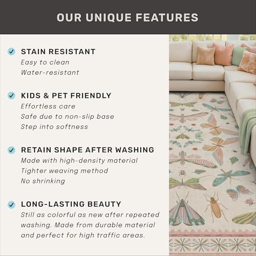Hazo Haus 9x12 Pink Area Rug for Girls Bedroom, Washable Living Room & Dining Room Rug with Pastel Flower Insect Print