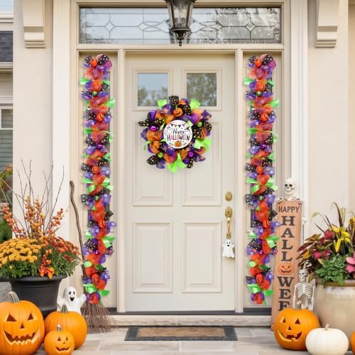 Halloween Garland for Mantle with Pumpkin Mesh Ribbons 6Ft
