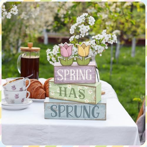 Moucuny 4 Pcs Spring Wooden Block Signs Farmhouse Tray Decor Tulips