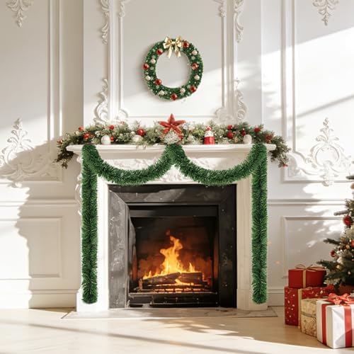 50Ft Green Christmas Garland for Decorations, Artificial Christmas Tinsel Greenery Outdoor Indoor Garlands, Straight Faux PVC Soft Garland for Stairs Railing Fireplace Window Mantle Home Party Decor
