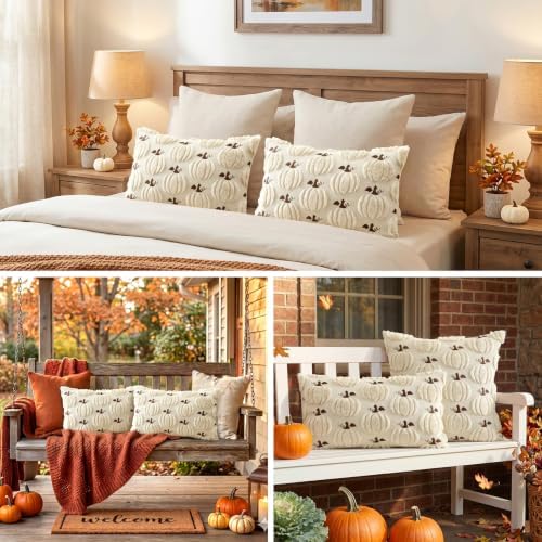 Artscope Fall Pumpkin Throw Pillow Covers 12x20 Set of 2, Autumn Soft Plush Faux Fur Decoration Cushion Covers for Thanksgiving Holiday Couch Sofa Bedroom Home Decor-Beige