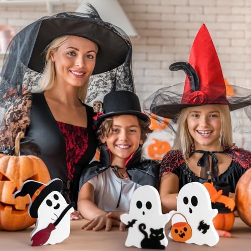 3 Pcs Halloween Ghost Decor - Cute Ghost Decorations Indoor, Wooden Tiered Tray Decor Table Sign Set, Halloween Table Decor Witch Broom Pumpkin Bat Blocks for Party Home Shelf Display