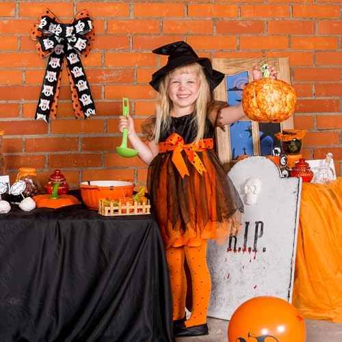 JarThenaAMCS Halloween Wreath Bow Ghost Boo Polka Dots Wired Edge Bow Black Orange Fabric Craft Bowknot for Front Door Tree Topper Indoor Outdoor Decor, 11 x 20.3 Inch
