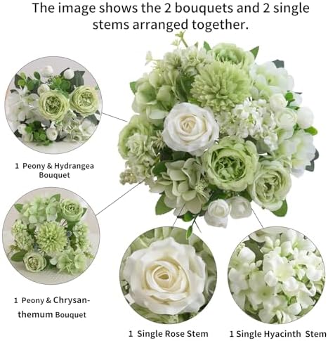 4 Pcs Mixed Artificial Peony Flowers Set-2 Bouquets & 2 Stems, Green Fake Peony Rose Hydrangea Flower for Vase Silk Floral Arrangements for Table Centerpiece Wedding Party Bridal Decoration Home Decor
