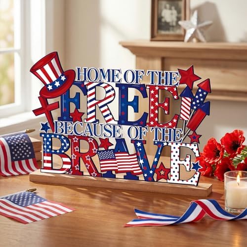 Cinnvoice Patriotic Memorial Table Decorations 11.8 Inch Metal 4th of July Sign Red White and Blue 250th Centerpieces with Wooden Base for Americana Veterans Day Party Supplies Shelf Office Home